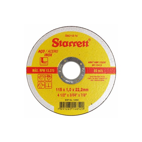 DISCO CORTE FERRO AÇO INOX 115X1,0X22,22MM STARRETT